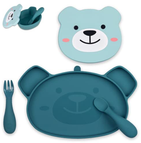TUM TUM Set de Table Enfant, Assiette Ventouse pour Bébé Bol, Couverts Enfant, 6 m+, Boris l'Ours, Bleu