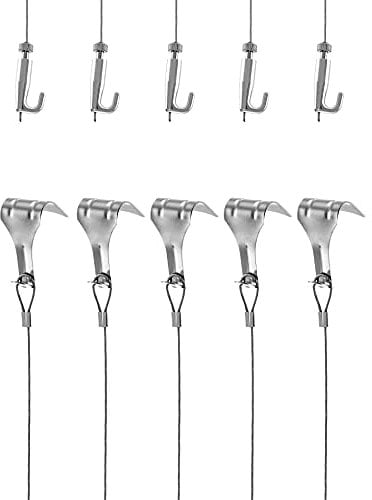 QWORK® Kit Accrochage de Cadre Photo et Miroir, Fil Suspension en Acier Inoxydable Φ1.5mm x 2m avec Crochet Réglable et Crochets de Rail, Charge 40KG, 5 Pcs