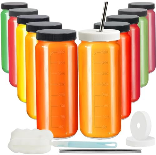 Ruckae Paquete de 10 botellas de jugo de 16 onzas, botellas de vidrio para exprimir con tapas, tapas de taza de batido y popotes, botella de agua para jugos, batidos, kombucha