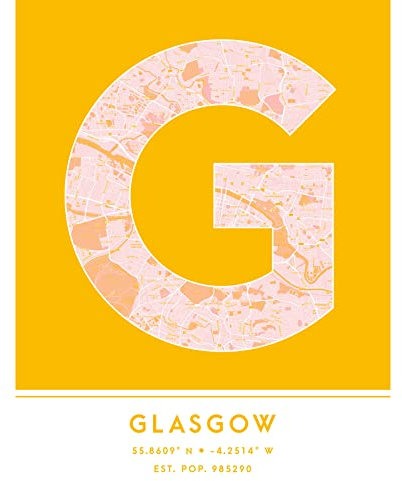 Wee Blue Coo Glasgow, Schottland, Großbritannien, Stadtplan Gelb Ungerahmter großer Druck 46x61 cm
