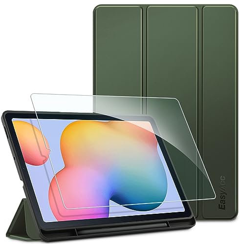 EasyAcc Custodia Cover Compatibile con Samsung Galaxy Tab S6 Lite 10.4 Pollici 2024/2022/2020 SM-P610N/P615N con Vetro Temperato-Ultra Sottile con Cover Leggero Supporto in Pelle PU Case,verde oliva
