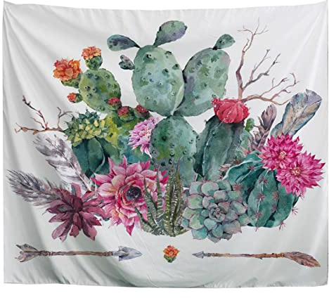 A.Monamour Wandteppiche Wanddekor Tuch Aquarellkaktus Mit Blumen Sukkulenten Botanisch Bild Stoff Wandtuch Wandbehang Wandkunst Wandbilder für Schlafzimmer Schlafsaal Wohnzimmer 102x153cm