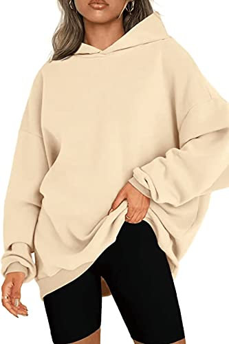 NEYOUQE Pullover Damen Winter Langarm Longsleeve Solid Color Loose Sweatshirts & Kapuzenpullover Fleece Gefüttert Soft Casual Hoodies Beige XL 48-50