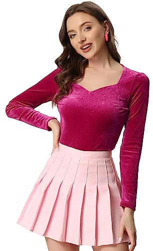 Allegra K Femmes Hauts en Velours Élégant T-Shirt À Manches Longues Et Col en Cœur Rose Vif M
