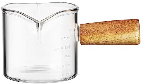 PRETYZOOM Espresso Measuring Cup Glass Creamer Spout Espresso Coffee Shot Glass Pitcher with Wood Handle Measuring Cup Milk Cup for Coffee Carafe Milk Making