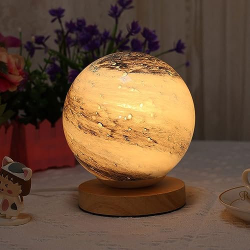 WLBHWL Petite Lampe De Table De Chevet Boule De Verre pour Petit Espace, Lampe De Chevet Creative Planet LED, Base en Bois avec Abat-Jour en Verre Dépoli, Table De Chevet pour Décoration