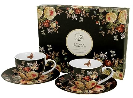 DUO FLORAL 2er-Set Espressotassen 90 ml WARDA mit Untertassen, New Bone China Porzellan