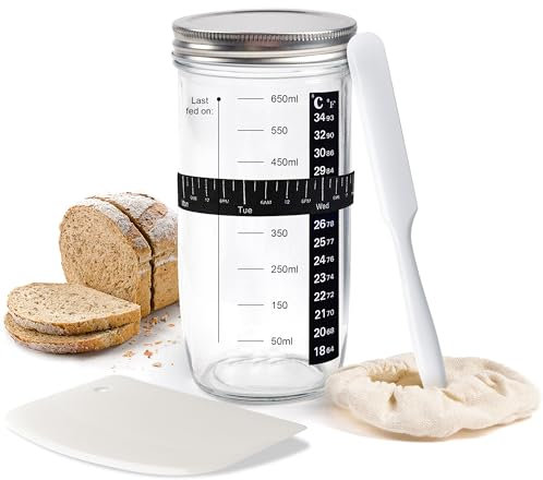 Jodhu Sourdough Starter Jar Kit 750ml with Spatula & Dough Scraper Wide mouth Aluminium lid thermometer Dated Rubber feeding band Sewn cloth cover for baking Sourdough culture bread yeast