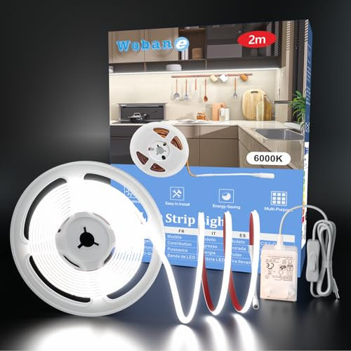 WOBANE Tira Led COB 2 Metros, Tiras Luces Led Blanco Frío 6000 K, Cinta Led con Fuente de Alimentación y Interruptor para Cocina Bajo Mueble,Habitacion,Gabinete
