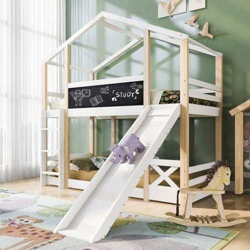 Sweiko Lit superposé 90 x 200 cm,Cadre de lit en Bois adapté aux Enfants pour Enfants avec Toboggan et échelle, lit loft pour Enfants 2X sommier à Lattes,White
