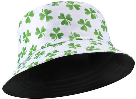 XIHIRCD Kleiner Kleeblatt-Druck Fischerhut, Doppelseitig St Patricks Day-Hut Faltbar Weißer Hintergrund Strand-Fischerhut St Patricks Outfit Accessoires für Damen Herren