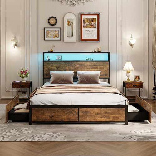 RELAX4LIFE Double/King Size Bed Frame with LED Lights, 4 Rolling Drawers, Charging Station, 4FT6/5FT Slatted Support Bed Base, Industrial Metal Platform Bed, No Box Spring Needed (207 x 143 x 102cm)