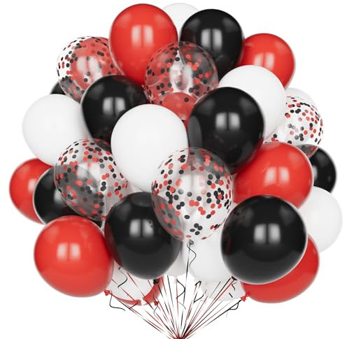 Ballons Rouge Noir Blanc, 60 Pcs 12 Pouces Ballons Fête Rouge Noir Blanc Mat avec Ballons Latex Hélium Confettis Rouges et Noirs pour Décoration Fête Thème Poker Anniversaire Mariage Baby Shower