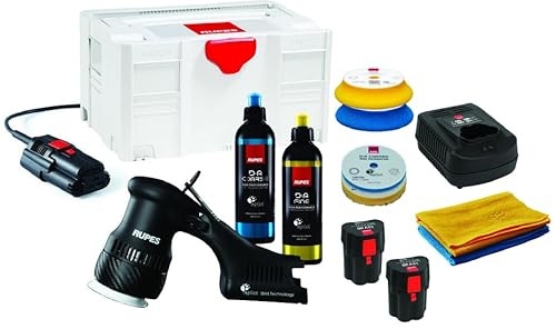 RUPES BigFoot iBRID Exzenter-Poliermaschine 12 mm Schleifteller 75 mm BigFoot Mini Kit 2 Batterien Ladegerät Pads, Paste und Tücher HLR75/Lux