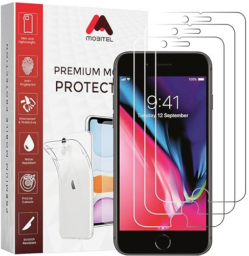 Mobitel 3-Pack Screen Protector for iPhone 7, iPhone 8, iPhone SE 2/2020 & iPhone SE 3/2022, 4.7-Inch 9H Hardness Tempered Glass Case-Friendly Protector, Anti-Scratch, Anti-Bubble