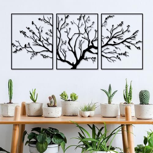 Pduoduo Grande albero della vita metallo Wall Art Decor 3 pannelli albero ramo ferro ornamento appeso segno moderno ramo di metallo decorazione murale per la casa decorazione murale (53in x 23,6in)