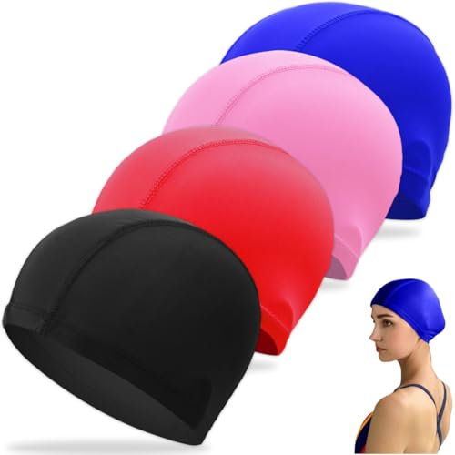 BLPRKOT 4 Piezas Unisex Gorro de Natación Gorro Elásticos de Baño Piscina Mujer y Hombre Gorro de Baño para Pelo Largo y Corto Gorros de Piscina Suave y Cómodo, Talla Unica (Negro, azul, rosa, rojo