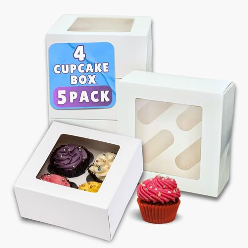 PACK N TRADE - Scatole per cupcake a 4 fori, con inserti multifunzione, scatole profonde per cupcake, scatole bianche per cupcake (17 x 17 x 7,5 cm) con finestra trasparente, ideali per muffin e