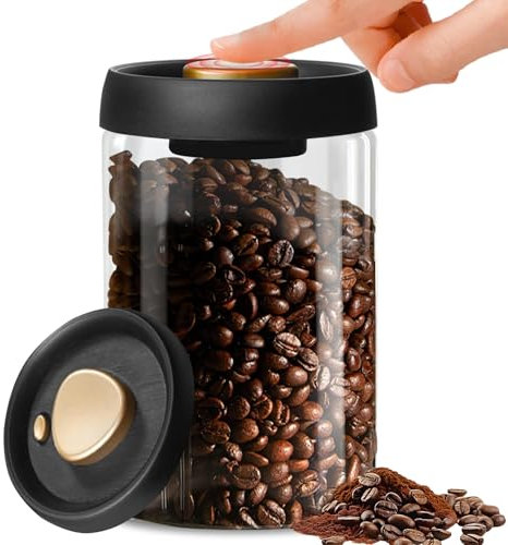 WANDGU Vakuum Kaffeedose aus Glas: 1200ml Glas Kaffeebohnenbehälter mit Vakuumdeckel, Glas Luftdichter Kanister für Kaffeebohnen, Kaffeebohnen Behälter für Getreide, Süßigkeiten, Tee, Kakao, Nudeln