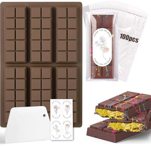 Diaxilu Schokoladenform Silikon, 6 Tafeln Tief Schokoladentafel Silikonform mit Schaber und Tasche und Aufkleber, Dubai Schokolade Form für Schokolade Praline Süßigkeiten - BPA-frei (Quadrat)