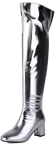 Diuniarza Donna Square Toe Knee High Moda Stivali Tacco a Blocco Moda Stivali Alti Donna Stivali Alti Festa Argento Numero 34 EU