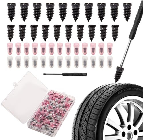 Neikafan Vacuum Tyre Repair Nail Kit 100 Pcs Tire Repair Screw in Rubber Plug with Screwdriver, Universal Tire Repair Rubber Nail for Auto Car Motorcycle Tyre Puncture Repair Screws