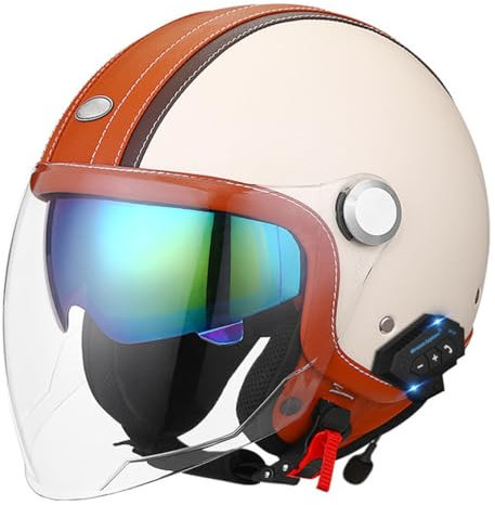 Bluetooth Motorradhelm Jethelm 3/4 Helm Mit Doppelvisier Retro Halbschalenhelm Motorrad Integrierter Helm Herren Damen Rollerhelm ECE/DOT Zertifizierung Scooter-Helm 1,L:59-60CM