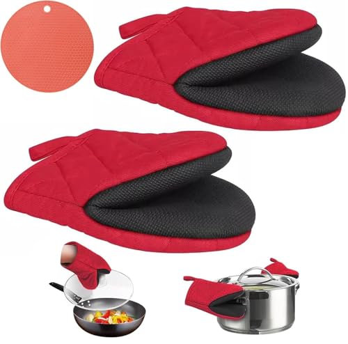 1 Pair Short Oven Mitts, High Heat Resistant 500℉ Silicone Kitchen Gloves,Machine Washable Non-Slip Mini Oven Mitts for Grip Surfaces Hanging Loop Baking Grilling Cooking Barbecue Microwave(Red)