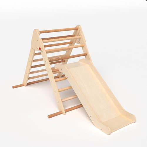 COSTWAY Kletterdreieck mit Rutsche, 3 in 1 Klettergerüst Indoor klappbar, Sprossendreieck Holz, zum Rutschen und Klettern, für Kinder ab 1 Jahr (Natur)