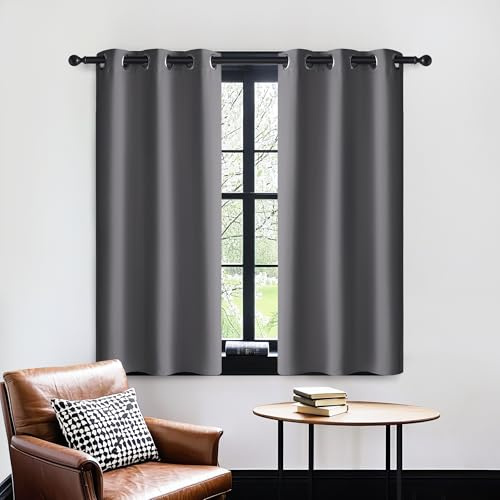 PONY DANCE Short Blackout Eyelet Curtains, Grey, 2 Panels, 29 x 45 Inch | Thermal Insulated 45 Inch Drop Curtains for Narrow Windows, Super Soft Drapes for Kitchen, Office, Bathroom, Cloakroom or RVs