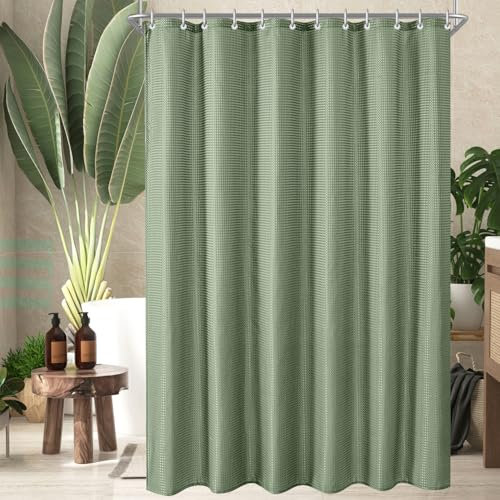 Lerores Duschvorhang 180x200 cm Waffel Grün, Beschwerter Saum Antischimmel Textil, Wasserabweisend, Waschbar Polyester Stoff Badevorhänge für Badezimmer, Badewanne mit 12 Duschvorhangringe