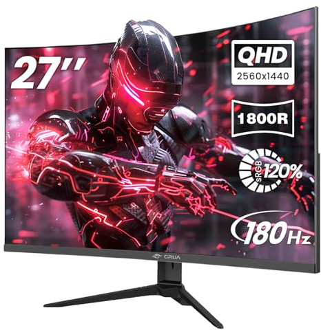 CRUA - 27 inch curved gaming monitor, VA display, 2k QHD (2560 x 1440P), 1800R, 165Hz/180Hz, AMD Freesync compatible, 120% sRGB, integrated speakers, mounting systems in