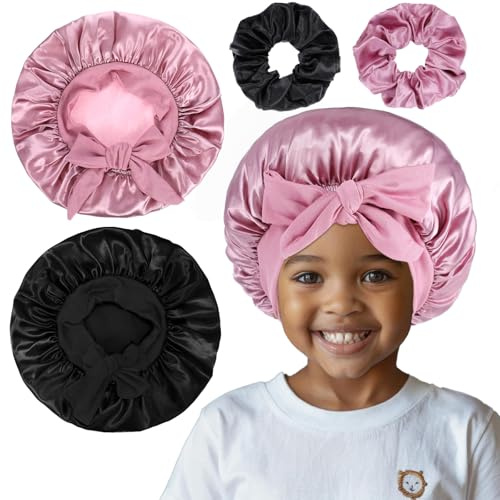 ElevateTech 2 Pcs Bonnet for Kids, Satin Bonnets with Scrunchies, Black and Rose Red Satin Silk Hair Bonnet for Sleeping Soft Wide Band Sleep Cap for Curly Hair Braids for Kids