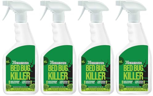 Xterminate Pesticide Free Bed Bug Killer Spray 4 x 1L - Biocide Free, No Harsh Chemicals, Eco-Friendly Formula - Non Staining & Low Odour - For Bed Bugs, Fleas, Flies & More