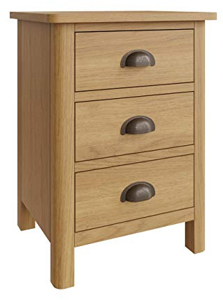 Ravendale Oak 3 Drawer Bedside Cabinet – Rustic Solid Wood Nightstand with Cup Handles, Fully Assembled Bedroom Furniture, 42cm Wide