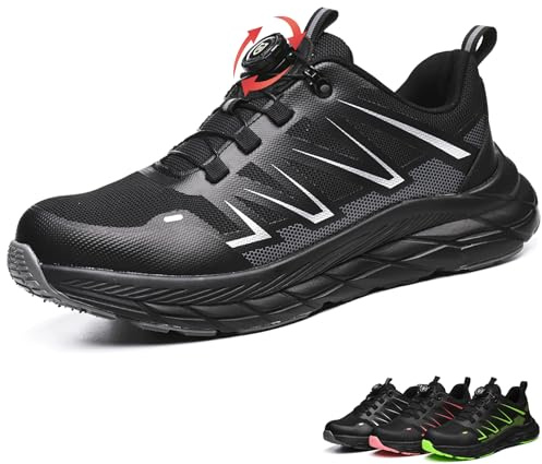 UnPtios Lightweight Safety Trainers for Men Women Breathable Safety Shoes Wide Fit Steel Toe Caps Non-Slip Work Shoes for Warehouse Driver Construction Comfort Air Cushion Black 6UK