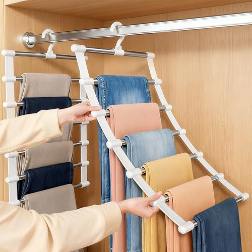 Acsatont 2 Stück Hosenbügel Platzsparend, Kleiderbügel 6 Etagen Edelstahl, Faltbarer Kleiderbügel, Organizer Platzsparend für Hosen, Gürtel, Schals, Handtücher, Laken