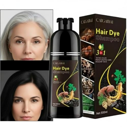 Hair Dye Shampoo 3 en 1 Cubre Canas, 500ml. con GINSENG, GANODERMA Y HIERBAS ORIENTALES, Hair Color, Champú Color Tinte Pelo Barba Champu Canas Instantáneo (Negro)