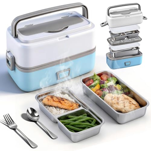 Senprity Electric Lunch Box,100W Lunch Food Heater 1.2L Capacity Double-Layer Portable Heating Lunch Box 2 Removable 304 SS Food Containers Leakproof Comes with Fork & Spoon Suitable for Home Office