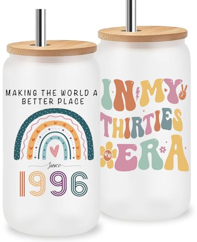 Jars Nova 30th Birthday Glass Tumbler 16oz｜“in My Thirties Era” Born in 1996 Keepsake Cup with Lid & Stainless Steel Straw｜Birthday Gift for Her Sister Wife Best Friend, Gifts for Women