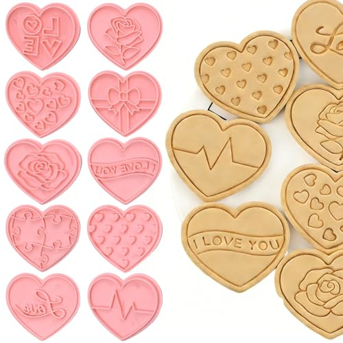 TIHNY 10-teiliges Valentinstags-Ausstechset, Herzförmige Keksformen aus 3D-Kunststoff PP, 10 Muster (5,4x4 cm, Rosa) - DIY-Kuchen-Deko-Werkzeug