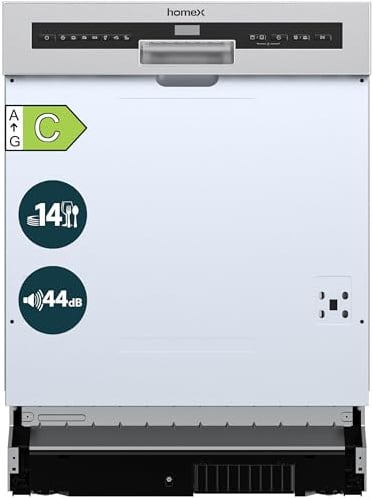 homeX DWSI601444C Geschirrspüler 60 cm Spülmaschine teilintegrierbar EEK C | 14 Maßgedecke, 7 Programme, AquaStop, Besteckschublade, 44 dB, Startvorwahl, AutoDoor, Einbaugeschirrspüler teilintegriert