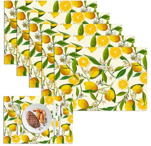 6er Set Zitronen Platzsets 30x45 cm, Waschbare Stoff Tischsets Sommer | Waschbare Stoff-Platzsets mit Zitronenmotiv, 30x45 cm, ideal für Zuhause, Restaurant, Sommer, Party und Hochzeiten