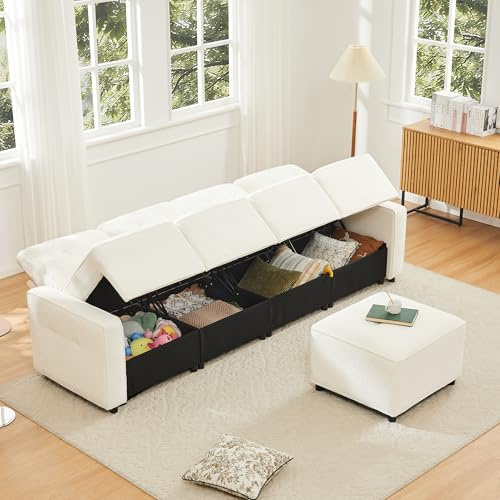 LAKFEW Sofa Recto de 4 Plazas con Almacenamiento Reversible y Taburete, Sofas de Salon con Cojín Suave Cómodo, Sofa para Salon 4 Plazas, Sofá de Pana, 280x146x85 cm, Beige