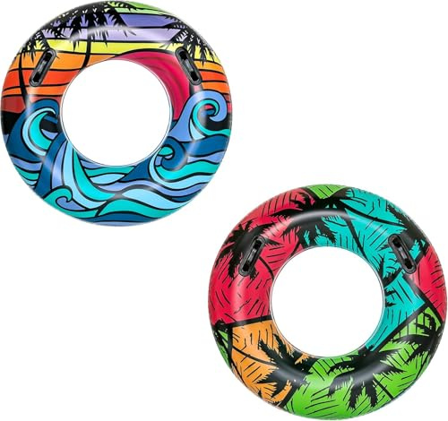 Lot de 2 bouées de natation gonflables avec poignées de 91 cm – Grands flotteurs de piscine pour enfants et adultes – Anneau en caoutchouc Lilo plage tropicale pour piscine, vacances, fête sur la mer