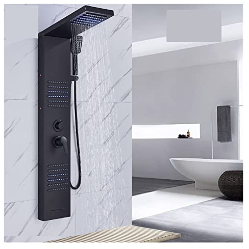 Matt svart termostatduschblandare med LED-duschpanel, spa-stil badpelare, dubbelhandtag kran (6004 guld 1)
