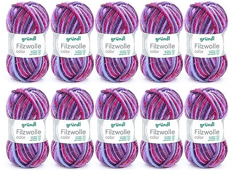 Gründl Wolle Filzwolle color - Dicke Wolle zum Filzen in der Waschmaschine - Strickgarn zum Filzen - Weich und hautfreundlich - 100 % Schurwolle - 10 Knäuel 50 g /50 m -Nadelstärke 8-9 - flieder-blau