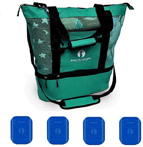 Red Suricata Mesh Strandtasche Kühler - Strandtasche mit auslaufsicherem, starrem Kühler - Strandtaschen für Damen & Herren, Türkis Grün, Large