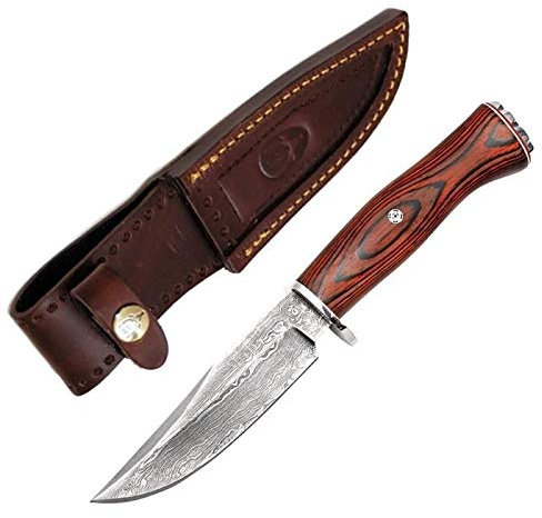 Muela Cuchillo de lujo BRACO-11DAM.M hoja de acero damasco de 11 cm y empuñadura de madera de coral para Caza, Pesca, Supervivencia y Bushcraft Realizado en Ciudad Real + Portabotellas de regalo