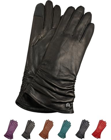 AKAROA ESTD 2019 Lederhandschuhe Damen BEA, Touchscreen Funktion, italienisches Leder, recyceltes Strickfutter aus 50% Kaschmir und 50% Wolle, 4 Größen S - XL, schwarz, L - 8